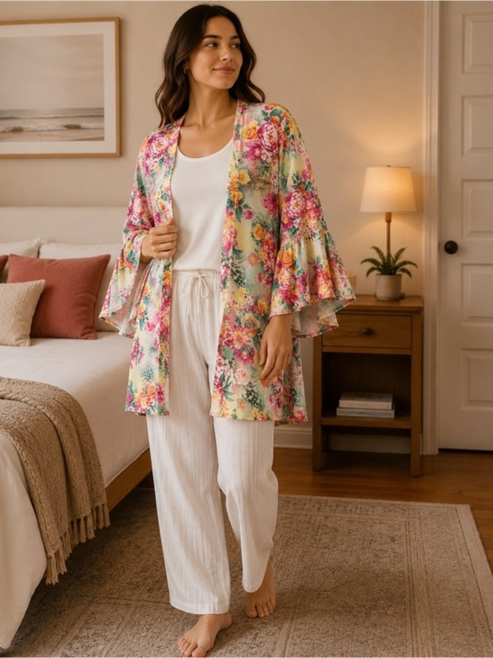 Pink Yellow Roses Flounce Kimono Jacket Robe | Romantic Boho EUC M/L OS? #1479